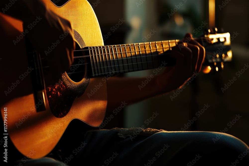 Fototapeta premium Learning acoustic guitar through music education and extracurricular lessons.