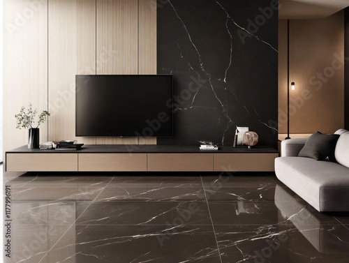 Modern living room with dark marble wall and floor tiles, flat screen TV, and minimalist furniture.