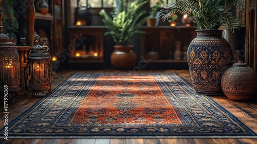 Ornate rug in a dimly lit room with antique decor