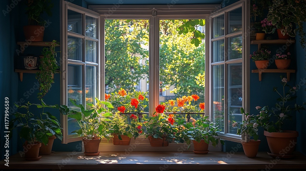 Sunlit Windowsill Garden With Vibrant Orange Flowers Sunlit Windowsill Garden With Vibrant Orange Flowers
