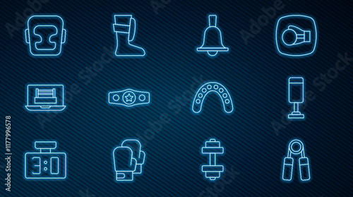 Set line Sport expander, Punching bag, Boxing bell, belt, ring, helmet, Mouth guard boxer and boxing shoes icon. Vector