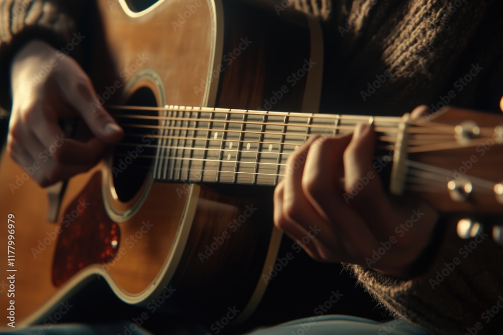Young man playing on acoustic guitar close up Young man playing on acoustic guitar close up