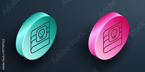 Isometric line Book about poisons with skull icon isolated on black background. Danger sign, symbol of death. Turquoise and pink circle button. Vector