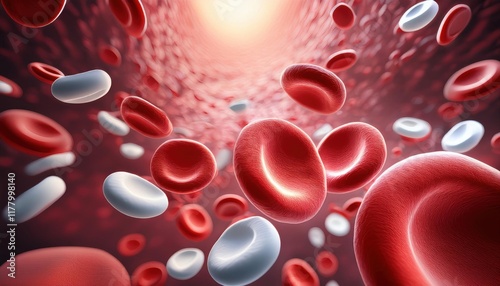 Red blood cells and white blood cells flowing in a vein or artery. Microscopic view of blood vessels, representing vascular conditions like atherosclerosis.