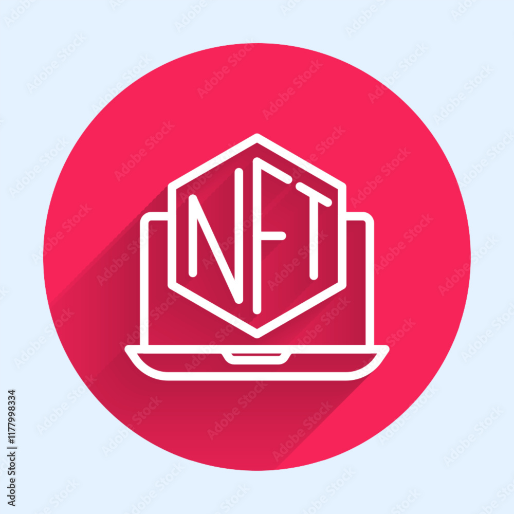 White line Laptop with art store app icon isolated with long shadow background. Technology of selling NFT tokens for cryptocurrency. Non fungible token concept. Red circle button. Vector