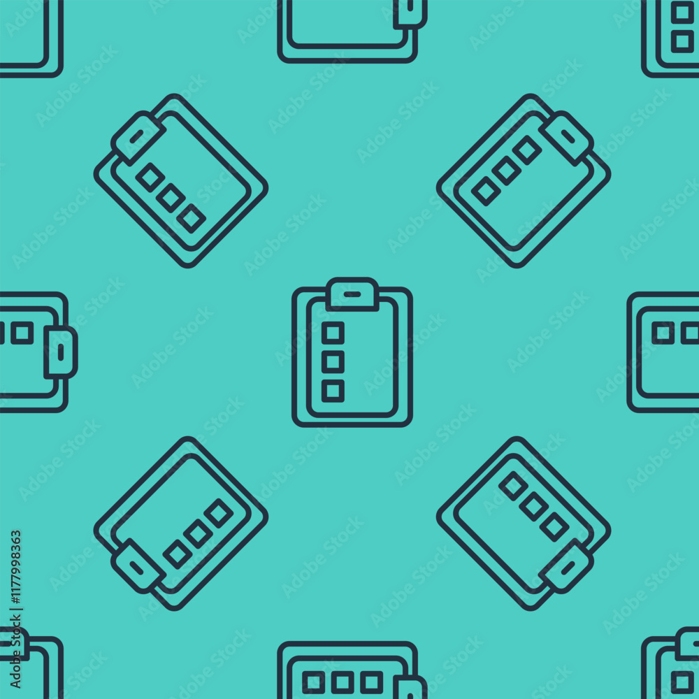 Black line Online quiz, test, survey or checklist icon isolated seamless pattern on green background. Exam list. E-education concept. Vector Black line Online quiz, test, survey or checklist icon isolated seamless pattern on green background. Exam list. E-education concept. Vector