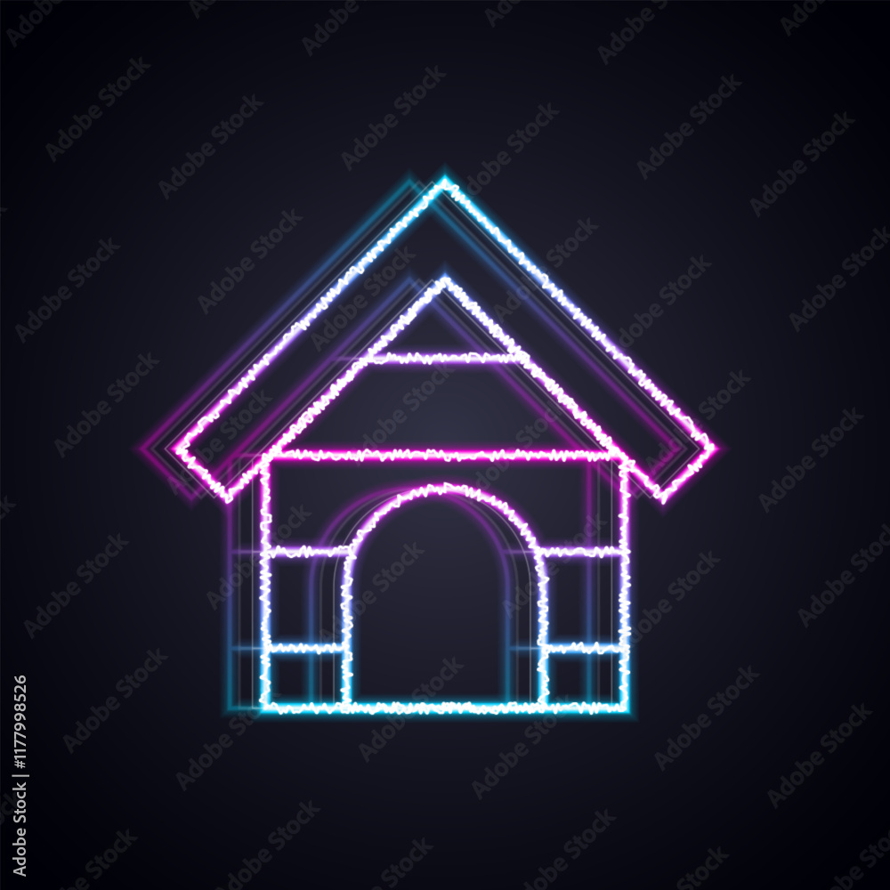 Glowing neon line Dog house icon isolated on black background. Dog kennel. Vector Glowing neon line Dog house icon isolated on black background. Dog kennel. Vector