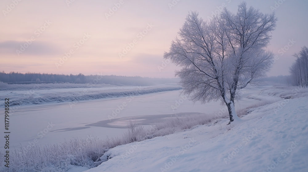 Frosty winter landscape with snow-covered tree at sunrise Frosty winter landscape with snow-covered tree at sunrise