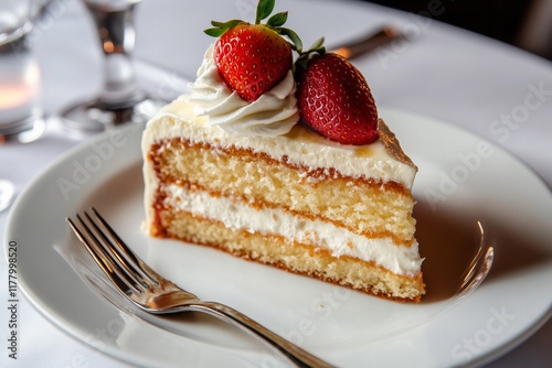 moist slice of tres leches cake topped with a dollop of whipped cream and a fresh strawberry, the cake's rich texture evident, placed on a white plate