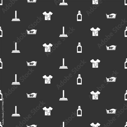 Set Bottle for cleaning agent, Temperature wash, Rubber plunger and Dirty t-shirt on seamless pattern. Vector