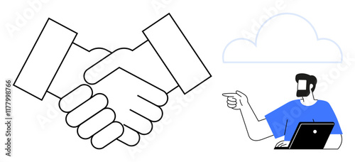 Handshake symbolizing agreement next to a person with a laptop pointing toward a cloud. Ideal for teamwork, remote work, collaboration, networking, online meetings, partnerships, business deals