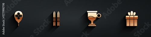 Set Balloons with snowflake, Ski and sticks, Mulled wine and Gift box icon with long shadow. Vector