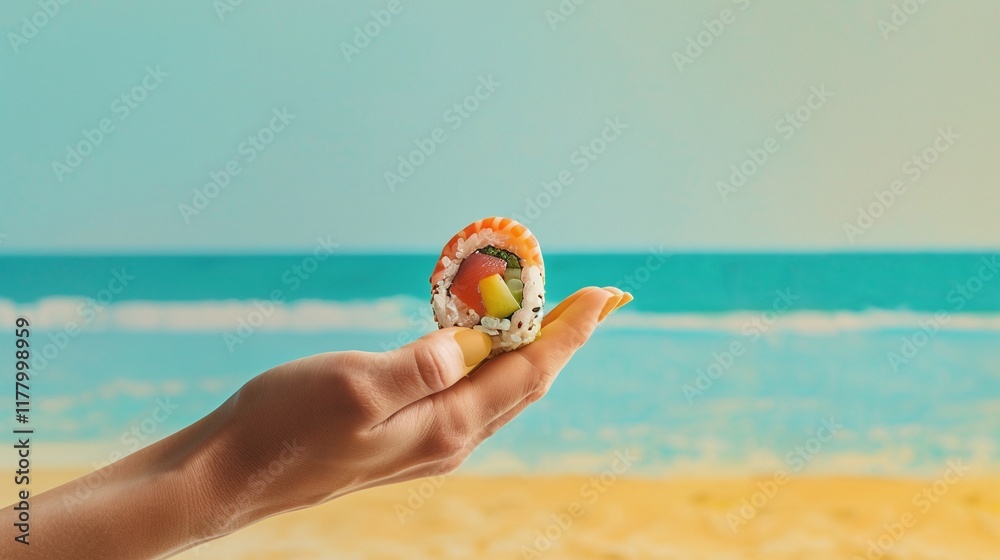 Sushi roll with fresh ingredients held in hand, tropical beach background, minimalist food photography concept, vibrant summer snack, exotic cuisine idea, seaside sushi close-up
Sushi roll with fresh ingredients held in hand, tropical beach background, minimalist food photography concept, vibrant summer snack, exotic cuisine idea, seaside sushi close-up