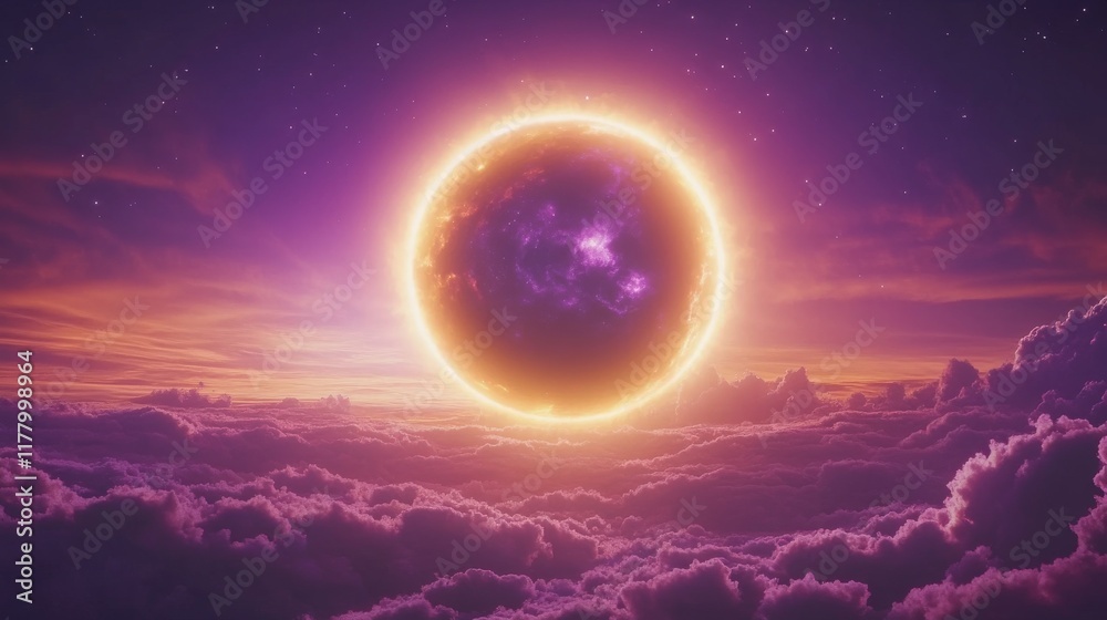 Solar moon eclipse ring light with flare vector. Total sun corona with round shine and sparkle. Bright universe neon ray for night sky overlay. Magic cosmic purple and galaxy golden lunar edge Solar moon eclipse ring light with flare vector. Total sun corona with round shine and sparkle. Bright universe neon ray for night sky overlay. Magic cosmic purple and galaxy golden lunar edge