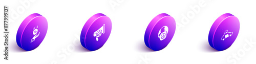 Set Isometric Coins on hand - minimal wage, Peace, International day of peace and Police car flasher icon. Vector