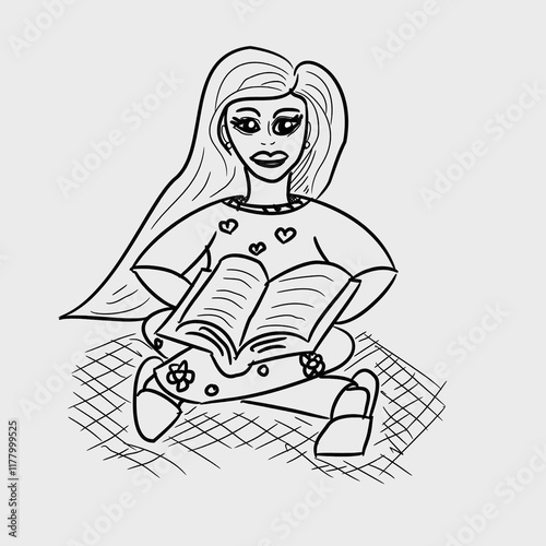 Vector hand drawing. Illustration of a woman sitting with her legs crossed and a book on her lap. Woman, girl, miss, reader, reading. Girl with a book. Reading books, relaxing, story.