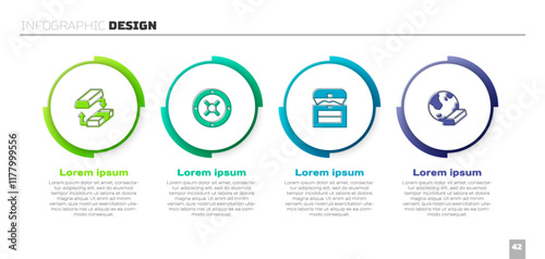 Set Gold exchange money, Safe, Antique treasure chest and bars. Business infographic template. Vector