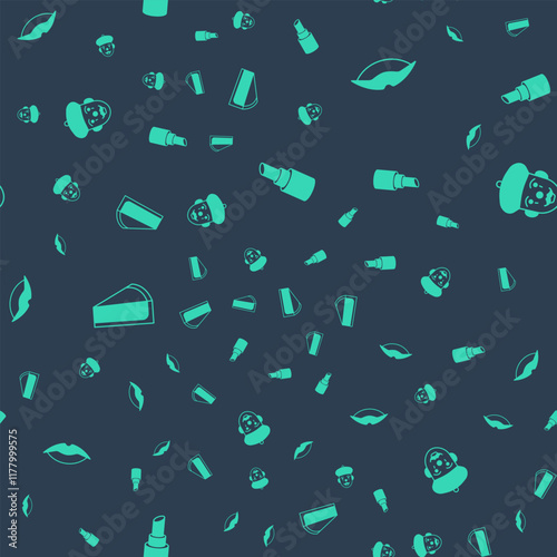 Set Lipstick, Smiling lips, Cherry cheesecake slice and French mime on seamless pattern. Vector