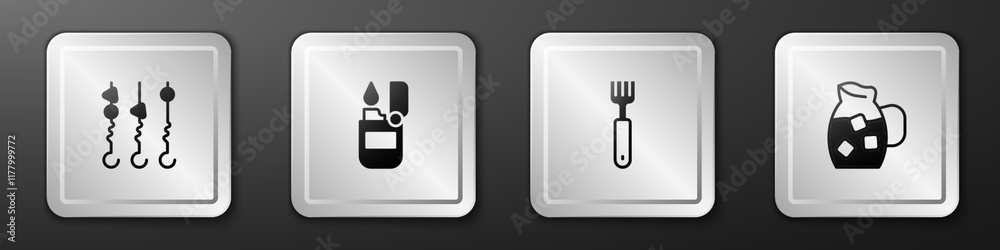 Set Grilled shish kebab on skewer, Lighter, Fork and Jug glass with water icon. Silver square button. Vector Set Grilled shish kebab on skewer, Lighter, Fork and Jug glass with water icon. Silver square button. Vector