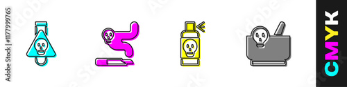Set Bottle with potion, Cigarette, Spray against insects and Mortar and pestle icon. Vector