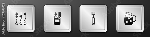 Set Grilled shish kebab on skewer, Lighter, Fork and Jug glass with water icon. Silver square button. Vector