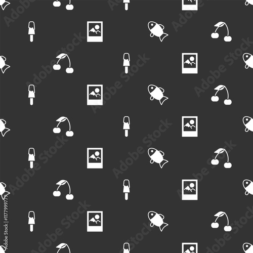 Set Fish, Cherry, Ice cream and Photo frame on seamless pattern. Vector