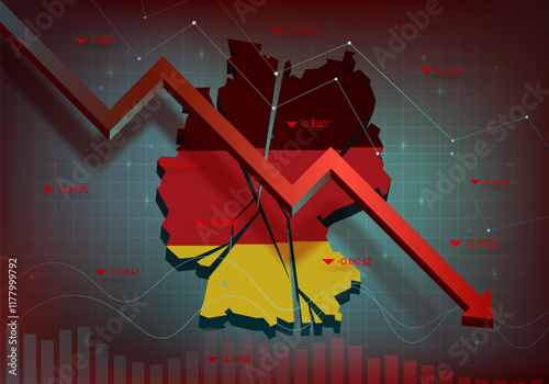 Financial chart with a red falling trend line against Germany, symbolizing the market downturn and financial crisis.