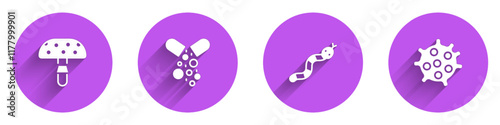 Set Fly agaric mushroom, Poisoned pill, Snake and Bacteria icon with long shadow. Vector