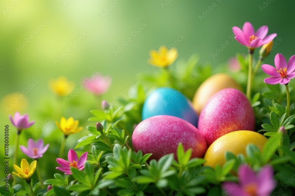 Vibrant Easter eggs nestled in spring flowers, green grass , garden, flora Vibrant Easter eggs nestled in spring flowers, green grass , garden, flora