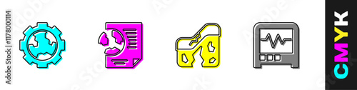 Set Gear wheels and earth, Earth globe with document, Geological fault and Seismograph icon. Vector