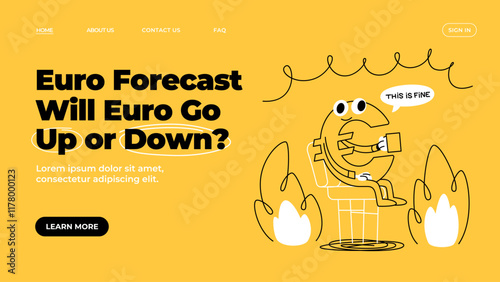 Vector doodle illustration. EURO character sitting in a burning room. The meme “This's fine”. Economic crisis in Europe.