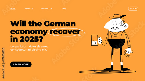 Vector doodle illustration. An unhappy German man in national costume stands with a mug of beer. Oktoberfest. The economic crisis in Germany.