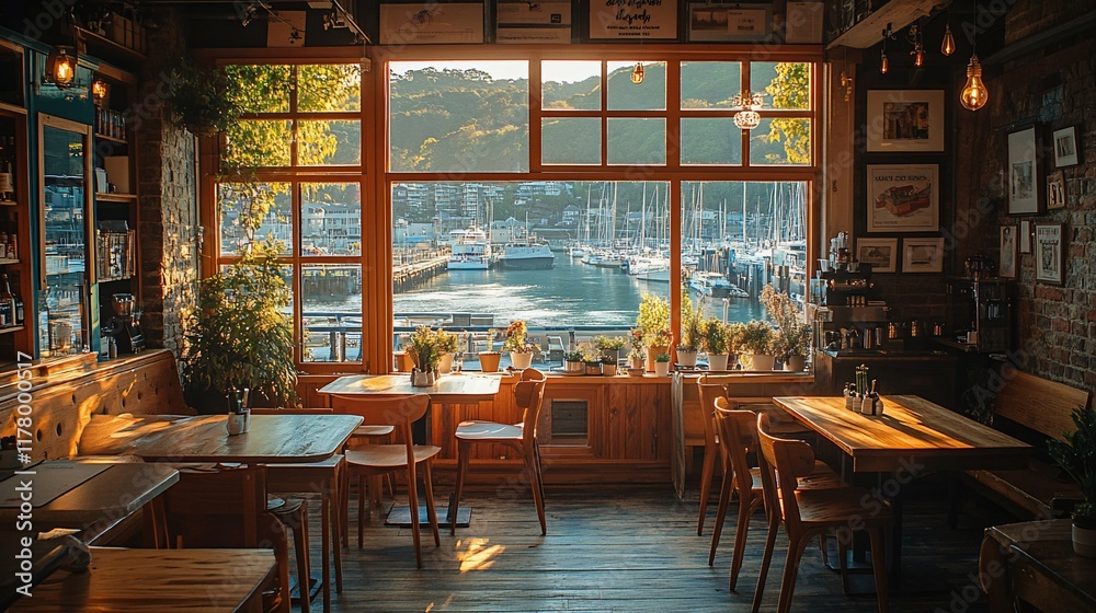 Fototapeta premium Sunlit Cafe with Harbor View and Wooden Tables