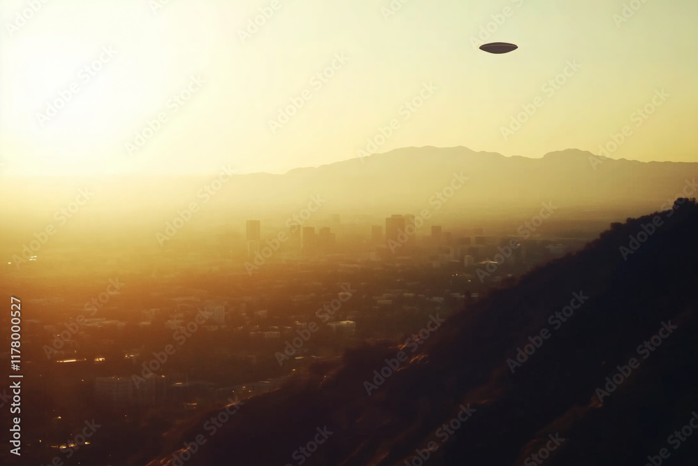 UFO flying over a city at sunset