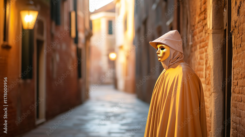 Naklejka premium Mysterious figure in cloak and mask at dusk in a european alley