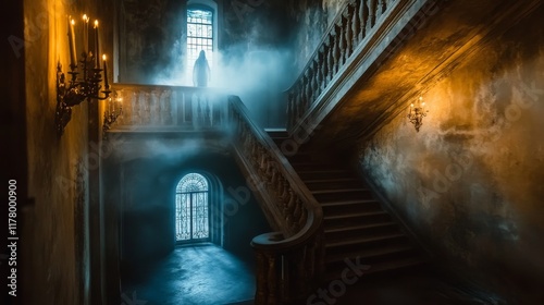 Hall interior with ghost in medieval royal castle at night. Vector cartoon illustration of empty hallway in baroque palace with stairs, balustrade, glowing candles and mystical fog