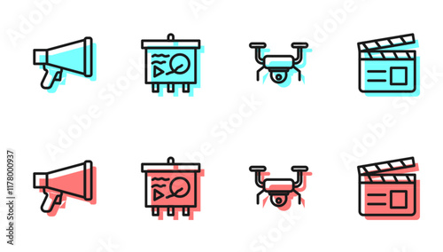 Set line Drone flying, Megaphone, Scenario chalkboard and Movie clapper icon. Vector