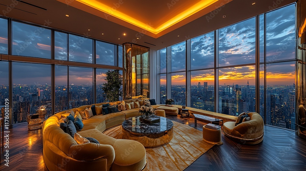 Fototapeta premium Luxurious Penthouse Apartment Sunset Cityscape View