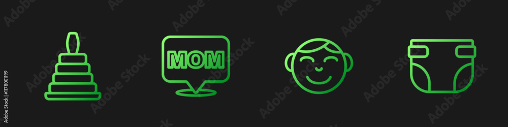 Set line Little boy head, Pyramid toy, Speech bubble mom and Baby diaper. Gradient color icons. Vector Set line Little boy head, Pyramid toy, Speech bubble mom and Baby diaper. Gradient color icons. Vector