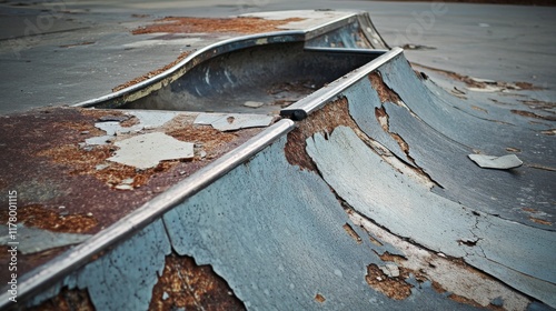 Old skate park with broken ramps and cracked road photo