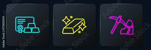 Set line Gold bars with certificate, mining and . Black square button. Vector
