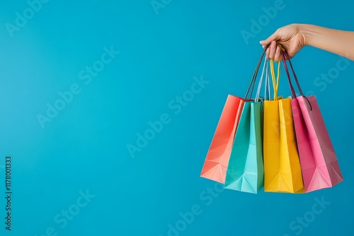 Woman s hand holding colorful shopping bags against a blue background   shopping bliss and joy photo