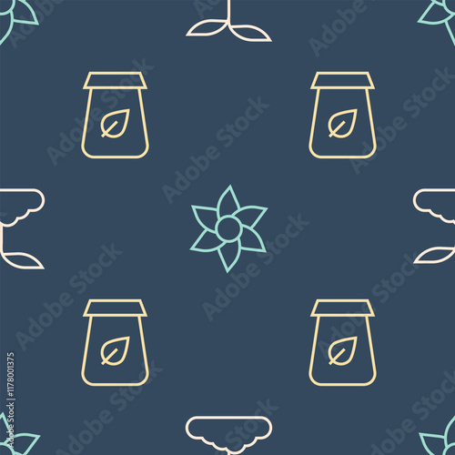 Set line Tea leaf, packaging and Flower on seamless pattern. Vector