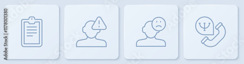 Set line Psychological test, Sad and depressed man, bad mood, Finding problem in psychology and Online psychological counseling. White square button. Vector