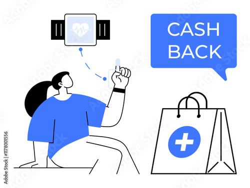 Person with smartwatch, raising a hand, receiving a heart symbol, next to cashback bubble and medical bag. Ideal for health, fitness, tech, rewards, cashback motivation and healthcare themes