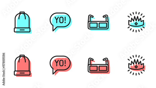 Set line Glasses, Winter hat, Yo slang lettering and King crown icon. Vector