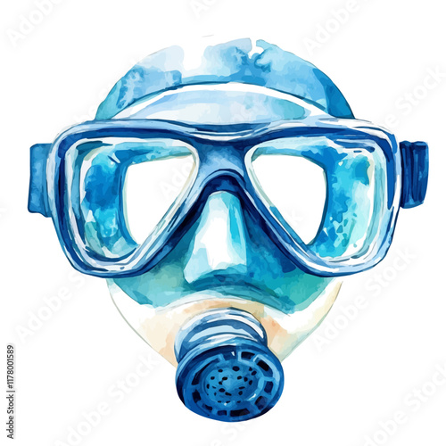 A watercolor clipart of a snorkeling mask, isolated on a white background. Water sports equipment vector.
