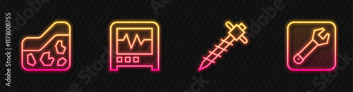 Set line Construction jackhammer, Ground, Seismograph and Wrench spanner. Glowing neon icon. Vector
