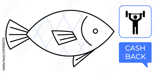 Simple fish drawing accompanied by a weightlifting figure inside a square and a Cash Back speech bubble. Ideal for finance, fitness, motivation, rewards, wellness, commerce, diet themes. Abstract