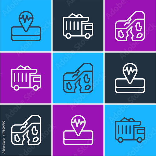 Set line Earthquake, Geological fault and Mining dump truck icon. Vector